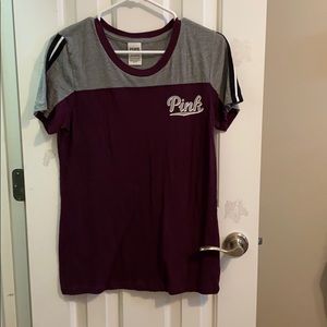 Purple and gray shirt.